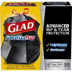 Glad® ForceFlexPlus™ Drawstring Trash Bags, 30 Gallons, Black, 50 Per Box, Carton Of 3 Boxes