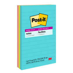 Post-it Super Sticky Notes, 4 in x 6 in, 3 Pads, 90 Sheets/Pad, 2x the Sticking Power, Supernova Neons Collection, Lined