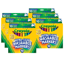 Crayola Ultra-Clean Markers, Pack Of 6 Boxes, Broad Line, Classic Colors, 10 Markers Per Box