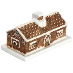 Martha Stewart Ceramic Gingerbread House Butter Dish, 3" x 7-1/4", Brown