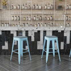 Flash Furniture Cierra Set of 4 Commercial Grade 30" High Backless Metal Indoor Bar H Stools, Teal-Blue Resin Wood Seat/Teal Frame - 4ET32030TLRPL2C
