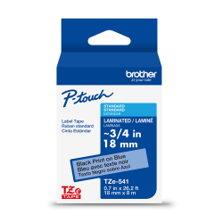 Brother P-Touch TZe541, Laminated, ~3/4in x 26.2ft (18mm x 8m), Black on Blue Label Tape