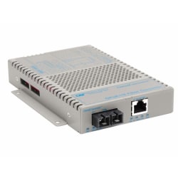 Omnitron OmniConverter 10/100/1000 PoE+ Gigabit Ethernet Fiber Media Converter Switch RJ45 SC Single-Mode 12km Wide Temp - 1 x 10/100/1000BASE-T; 1 x 1000BASE-LX; US AC Powered; Lifetime Warranty