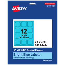 Avery® Print-To-The-Edge Labels With Sure Feed® Technology, 94124-BBP20, Arched Square, 2" x 2-3/16", Matte Bright Blue, Pack of 240