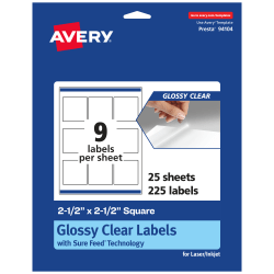 Avery® Glossy Permanent Labels With Sure Feed®, 94104-CGF25, Square, 2-1/2" x 2-1/2", Clear, Pack Of 225