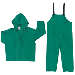 Two Piece Rain Suit, Jacket w/Hood, Bib Pants, 0.42 mm PVC/Poly, Green, Large