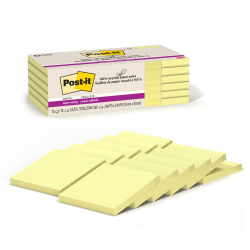 Post-it® Super Sticky Recycled Notes, 3 in x 3 in, 12 Pads, 70 Sheets/Pad, 2x the Sticking Power, Canary Yellow, 100% Recycled
