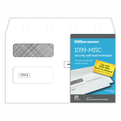 Office Depot® Brand Double-Window Self-Seal Envelopes For 1099-MISC 2-Up Forms, 5-5/8"H x 9"W, White, Pack Of 25 Envelopes