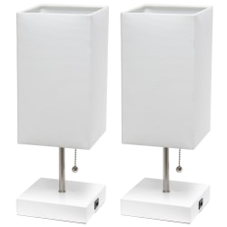 Simple Designs Petite Stick Lamps With USB Charging Port, White Shade/White Base, Set Of 2 Lamps