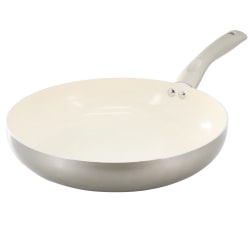 Oster Newcrest Aluminum Ceramic Nonstick Round Frying Pan With Soft Grip Handle, 12", Silver/Taupe