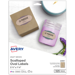 Avery® Print-to-the-Edge Labels, 22855, Oval With Scallop Edge, 1-1/8" x 2-1/4", Kraft Brown, Pack Of 525 Labels