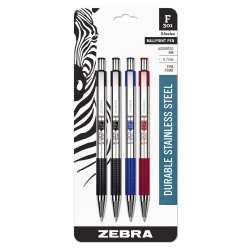 Zebra® F-301 Stainless Steel Retractable Ballpoint Pens, Fine Point, 0.7 mm, Stainless Steel Barrel, Assorted Ink Colors, Pack Of 4