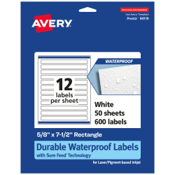 Avery® Waterproof Permanent Labels With Sure Feed®, 94119-WMF50, Rectangle, 5/8" x 7-1/2", White, Pack Of 600