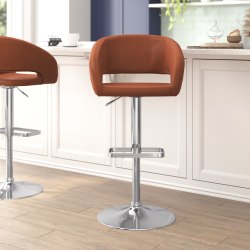 Flash Furniture Contemporary Vinyl Adjustable Height Bar Stool With Rounded Back, Cognac/Chrome