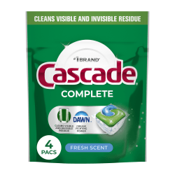 Cascade Complete Dishwasher Pods, Fresh Scent, 4 Pods Per Pack, Case Of 30 Packs