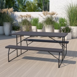 Flash Furniture Insta-Fold Wood-Grain Plastic Folding Picnic Table and Benches, 28-1/4"H x 53-3/4"W x 58-1/4"D, Charcoal