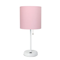 LimeLights White Stick Lamp with USB charging port and Light Pink Fabric Shade