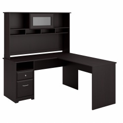 Bush Business Furniture Cabot L 60"W Shaped Corner Desk With Hutch And Drawers, Espresso Oak, Standard Delivery