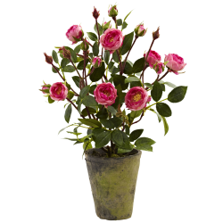 Nearly Natural French Rose 14"H Plastic Plant Garden With Pot, 14"H x 9"W x 7"D, Pink/Green