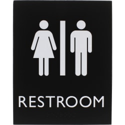 Lorell Unisex Restroom Sign - 1 Each - Toilette Men, TOILETTE (ladies) Print/Message - 6.4" Width x 8.5" Height - Rectangular Shape - Surface-mountable - Easy Readability, Braille - Restroom, Information - Plastic - Black
