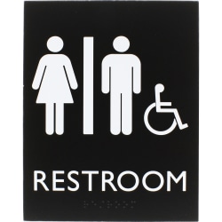 Lorell Unisex Handicap Restroom Sign - 1 Each - Restroom (Man/Woman/Wheelchair) Print/Message - 6.4" Width x 8.5" Height - Rectangular Shape - Surface-mountable - Easy Readability, Braille - Restroom - Plastic - Black