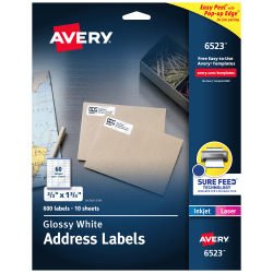 Avery® Return Address Labels With Sure Feed® And Easy Peel® Technology, 6523, Rectangle, 2/3" x 1-3/4", Glossy White, Pack Of 600