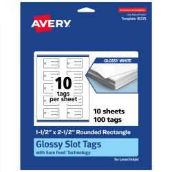Avery® Print-To-The-Edge Slot Tags With Sure Feed® Technology, 1-1/2"x2-1/2" Rectangle Rounded, Glossy White, Pack Of 100