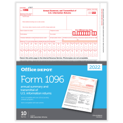 Office Depot® Brand 1096 Laser Tax Forms, 1-Part, 8-1/2" x 11", Pack Of 10 Forms