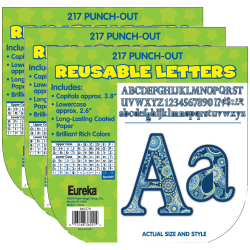 Eureka Reusable Punch-Out Deco Letters, 4", Blue Harmony, 217 Letters Per Pack, Set Of 3 Packs