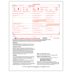 ComplyRight™ W-3 Transmittal Tax Forms, 1-Part, 8-1/2" x 11", Pack Of 50 Forms