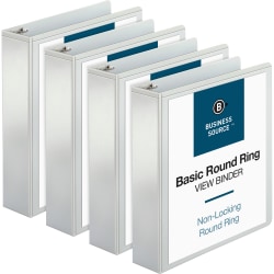 Business Source RounD-Ring View Binder, 2" Ring, 8 1/2" x 11", White, Pack Of 4