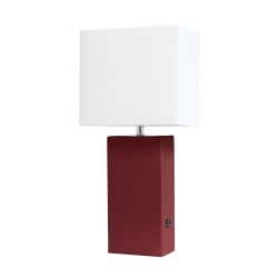 Elegant Designs Modern Leather/Fabric Desk Lamp With USB Port, 21"H, White Shade/Red Base