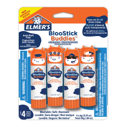Elmer's BlooStick Buddies Glue Sticks, Disappearing Blue Glue Stick, Anti-Roll Cap, 6g, 4 Count