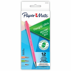 Paper Mate Flexgrip Ultra Recycled Pens - 1 mm Medium Pen Point - Retractable - Black Ink - Green Rubberized, Pink, Orange, Blue Barrel - 1 Dozen