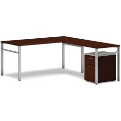 HON® Mod 66"W L-Station Table Writing Desk With Mobile Pedestal, Traditional Mahogany/Silver/Cool Neutral