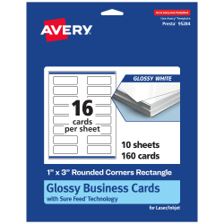 Avery® Printable Rounded Corner Mini Business Cards With Sure Feed® Technology, Print-To-The-Edge, 1"x3", Glossy White, Pack Of 160