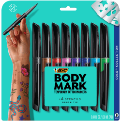 BIC BodyMark Temporary Tattoo Markers, Brush Tip, Assorted Colors, Pack Of 8 Markers