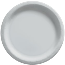 Amscan Round Paper Plates, Silver, 6-3/4", 50 Plates Per Pack, Case Of 4 Packs