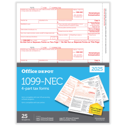 Office Depot® 1099-NEC Laser Tax Forms, 4-Part, 3-Up, 8-1/2" x 11", Pack Of 25 Form Sets, NEC610592525