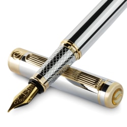 Scriveiner Classic Fountain Pen, Medium Point, 0.7 mm, Silver Chrome/Gold Barrel, Black/Blue Ink