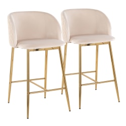 LumiSource Fran Pleated Fixed-Height Counter Stools, Waves, White/Gold, Set Of 2 Stools