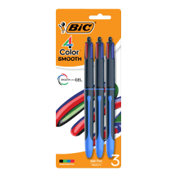 BIC 4-Color Smooth Retractable Ballpoint Pens, Medium Point, 1.0mm, Blue Barrel, Assorted Ink Colors, Pack Of 3 Pens
