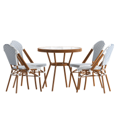 Flash Furniture Lourdes Indoor/Outdoor Commercial Bistro 31.5" Table, PE Rattan, Glass Top with 4 Stack Chairs, White & Navy Rattan/Natural Frame