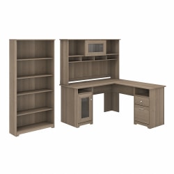 Bush Furniture Cabot 60"W L-Shaped Computer Desk With Hutch And 5-Shelf Bookcase, Ash Gray, Standard Delivery