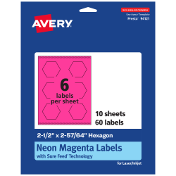 Avery® Print-To-The-Edge Labels With Sure Feed® Technology, 94121-NMP10, Hexagon, 2-1/2" x 2-57/64", Matte Neon Magenta, Pack of 60