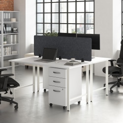 Bush Business Furniture Hustle 2 Person Computer Desk with Mobile File Cabinets, Power Grommets, and Privacy Screen, White, Standard Delivery Service
