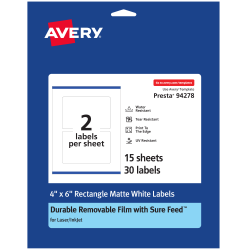Avery® Durable Removable Labels With Sure Feed®, 94278-DRF15, Rectangle, 4" x 6", White, Pack Of 30