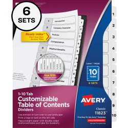 Avery® Ready Index Table Of Contents Binder Dividers, 8-1/2" x 11", White, 10 Tabs Per Pack, Set Of 6 Packs
