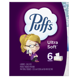 Puffs Ultra Soft Non-Lotion Facial Tissue, 124 Facial Tissues Per Box, Family Pack Of 6 Boxes