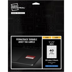 Avery® PermaTrack Durable White Asset Tag Labels, 3/4" x 1-1/2" , 320 Asset Tags - 3/4" Width x 1 1/2" Length - Permanent Adhesive - Rectangle - Laser - White - Film - 40 / Sheet - 8 Total Sheets - 320 Total Label(s) - 5 - Water Resistant